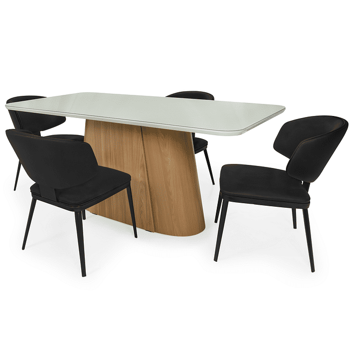 Conjunto Mesa de Jantar Retangular Essenza 180x90cm Nature/Off White com Vidro com 4 Cadeiras Estofadas Siena