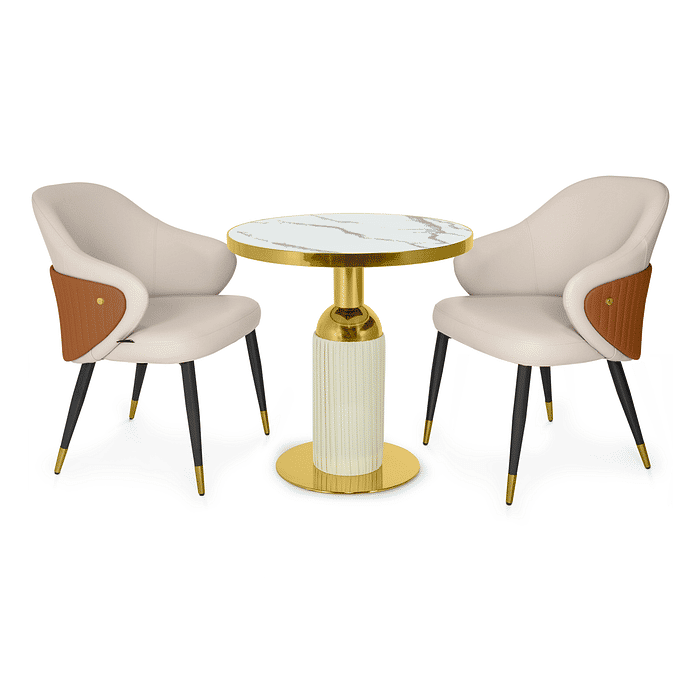 Conjunto Mesa de Jantar Redonda Imperial 70cm Branca com 2 Cadeiras Estofadas Milano Bege/Caramelo Frontal