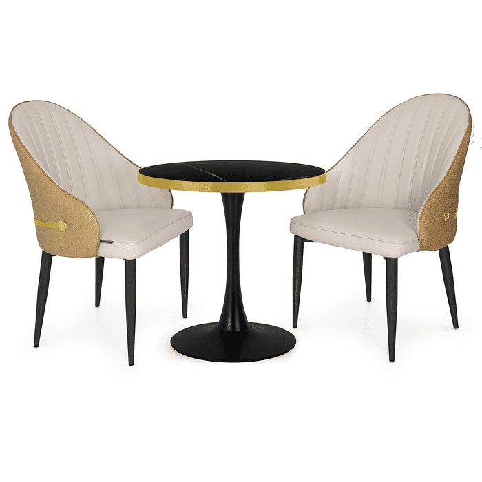 Conjunto Mesa de Jantar Redonda Majestic 70cm Preta com 2 Cadeiras Estofadas La Martina - Bege Frontal