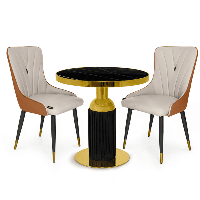 Conjunto Mesa de Jantar Redonda Imperial 70cm Preta com 2 Cadeiras Estofadas Verona - Bege/Caramelo Frontal