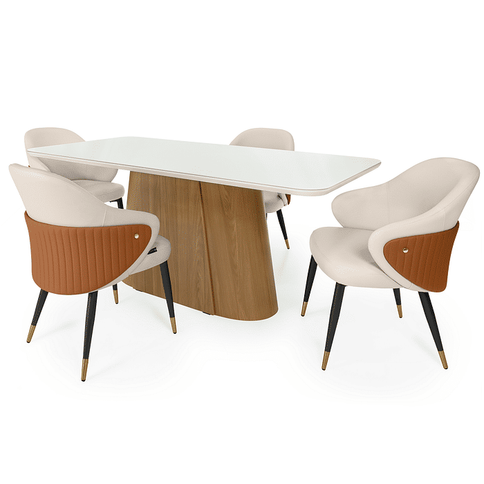 Conjunto Mesa de Jantar Retangular Essenza 180x90cm Nature/Off White com Vidro com 4 Cadeiras Estofadas Milano