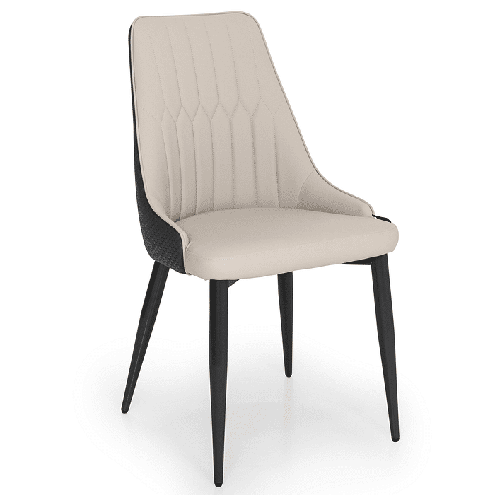 Cadeira de Jantar Estofada Torino Design Italiano Costuras Geométricas Costas Texturizada Base em Metal Cor Cinza e Bege Frontal