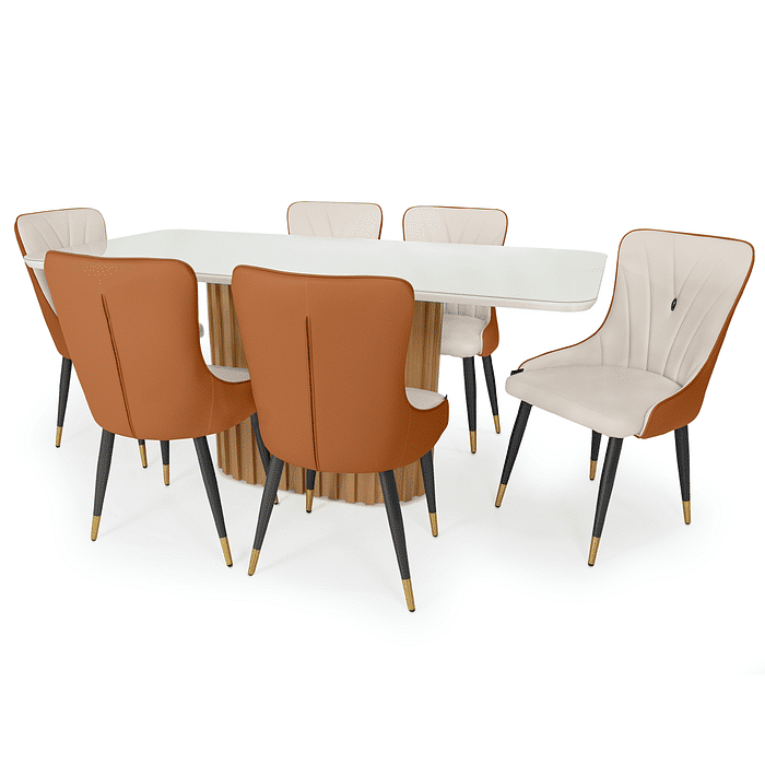 Conjunto Mesa de Jantar Retangular Harmonia 180x90cm Nature/Off White com Vidro com 6 Cadeiras Estofadas Verona