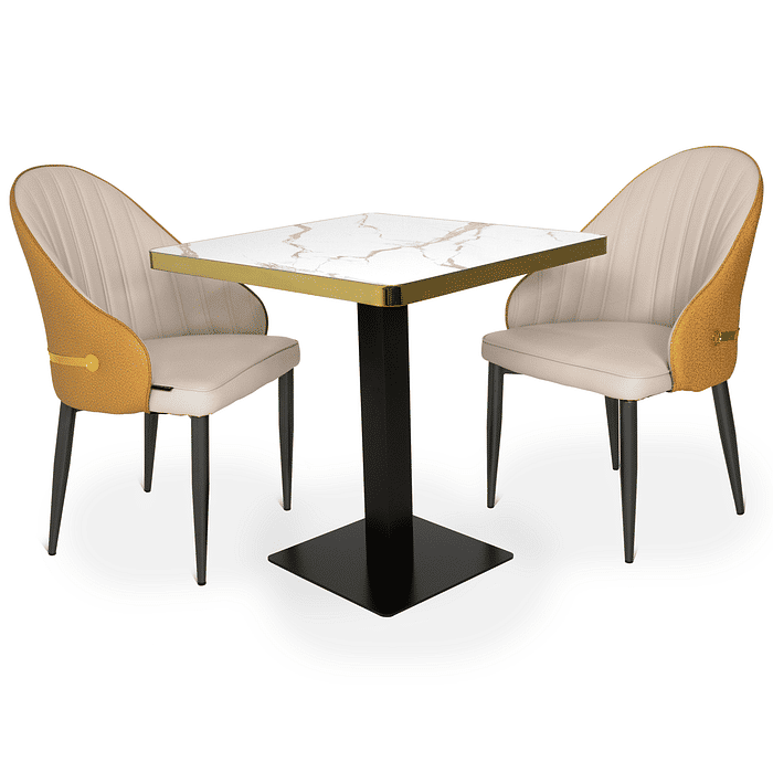 Conjunto Mesa de Jantar Quadrada Venezia 70x70cm Branca com 2 Cadeiras Estofadas La Martina - Bege Frontal
