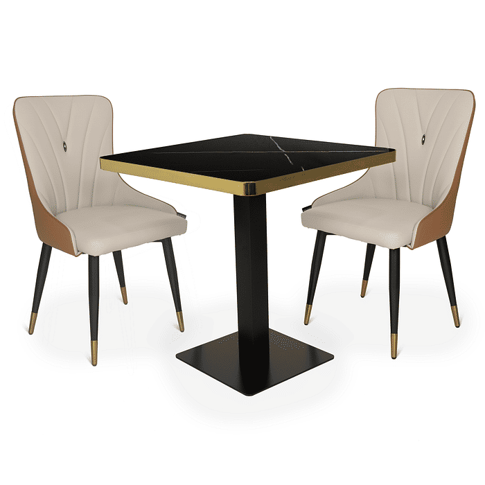 Conjunto Mesa de Jantar Quadrada Venezia 70x70cm Preta com 2 Cadeiras Estofadas Verona - Bege/Caramelo Frontal