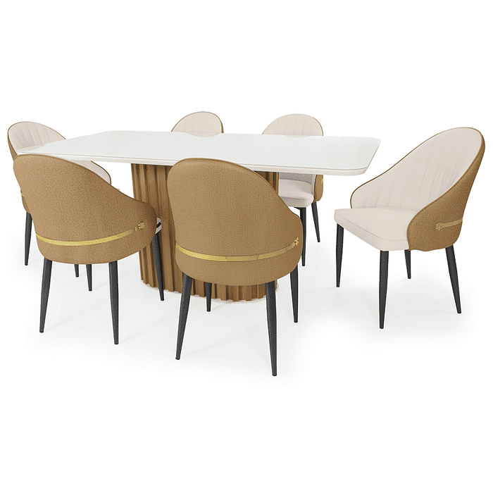 Conjunto Mesa de Jantar Retangular Harmonia 180x90cm Nature/Off White com Vidro com 6 Cadeiras Estofadas La Martina