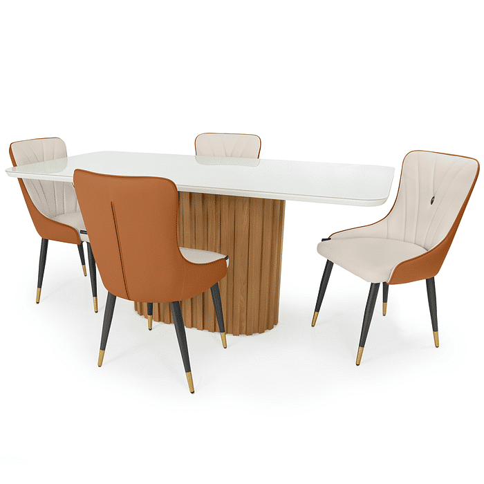 Conjunto Mesa de Jantar Retangular Harmonia 180x90cm Nature/Off White com Vidro com 4 Cadeiras Estofadas Verona