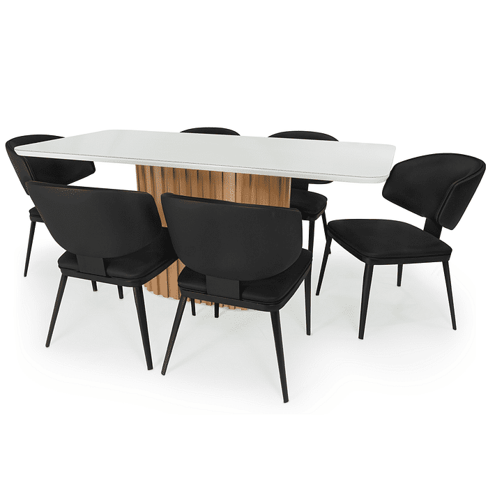 Conjunto Mesa de Jantar Retangular Harmonia 180x90cm Nature/Off White com Vidro com 6 Cadeiras Estofadas Siena