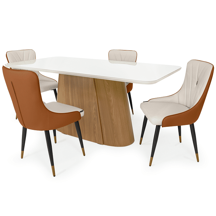 Conjunto Mesa de Jantar Retangular Essenza 180x90cm Nature/Off White com Vidro com 4 Cadeiras Estofadas Verona