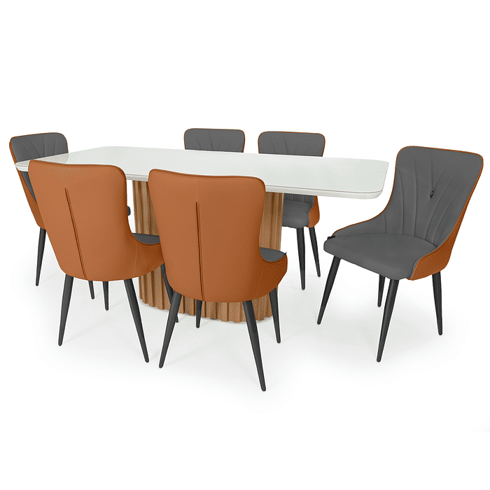 Conjunto Mesa de Jantar Retangular Harmonia 180x90cm Nature/Off White com Vidro com 6 Cadeiras Estofadas Verona