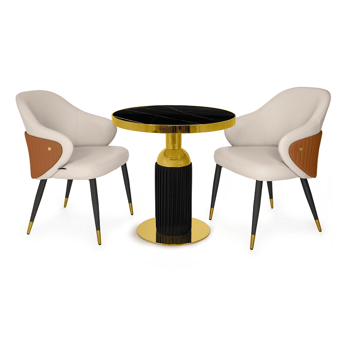 Conjunto Mesa de Jantar Redonda Imperial 70cm Preta com 2 Cadeiras Estofadas Milano Caramelo Frontal