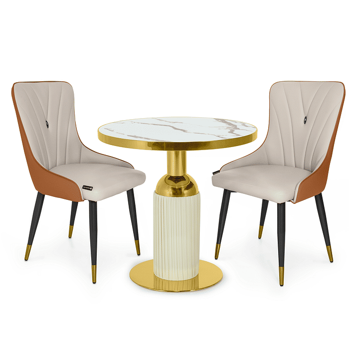 Conjunto Mesa de Jantar Redonda Imperial 70cm Branca com 2 Cadeiras Estofadas Verona - Bege/Caramelo Frontal
