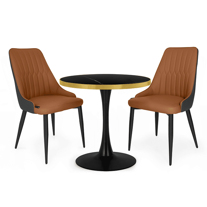 Conjunto Mesa de Jantar Redonda Majestic 70cm Preta com 2 Cadeiras Estofadas Torino - Caramelo/Cinza Escuro Frontal