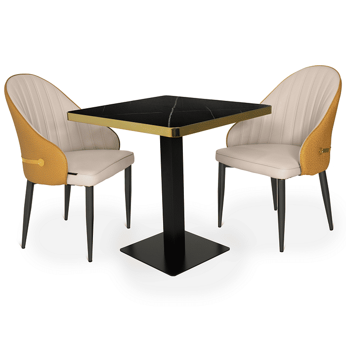 Conjunto Mesa de Jantar Quadrada Venezia 70x70cm Preta com 2 Cadeiras Estofadas La Martina - Bege Frontal
