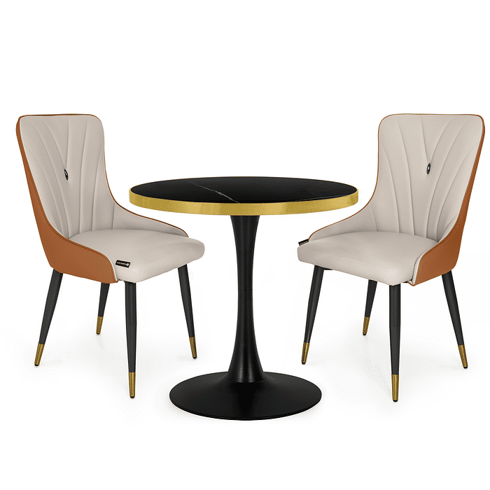 Conjunto Mesa de Jantar Redonda Majestic 70cm Preta com 2 Cadeiras Estofadas Verona - Bege/Caramelo Frontal