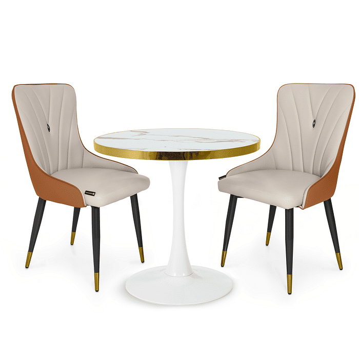 Conjunto Mesa de Jantar Redonda Majestic 70cm Branca com 2 Cadeiras Estofadas Verona - Bege/Caramelo Frontal