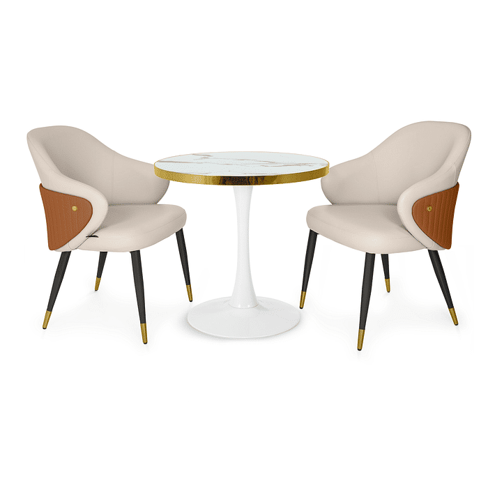 Conjunto Mesa de Jantar Redonda Majestic 70cm Branca com 2 Cadeiras Estofadas Milano - Bege/Caramelo Frontal