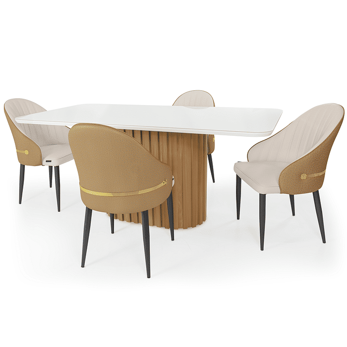 Conjunto Mesa de Jantar Retangular Harmonia 180x90cm Nature/Off White com Vidro com 4 Cadeiras Estofadas La Martina