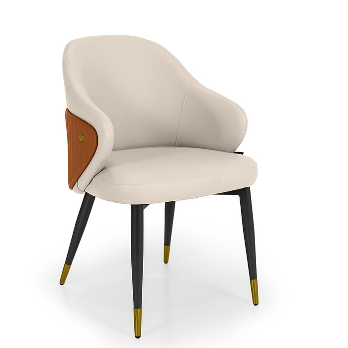 Cadeira de Jantar Estofada Milano Design Italiano Courino PU Pés de Metal com Encosto Ergonômico Bege/Caramelo Frontal