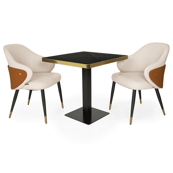 Conjunto Mesa de Jantar Quadrada Venezia 70x70cm Preta com 2 Cadeiras Estofadas Milano - Bege/Caramelo Frontal