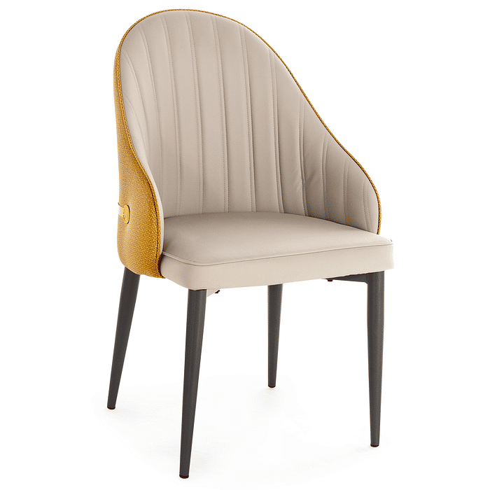 Cadeira de Jantar Estofada La Martina Design Italiano Encosto Curvo e Costura Decorativa com Pés em Metal Bege Frontal
