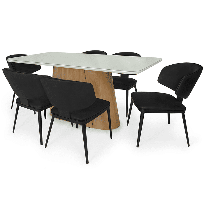 Conjunto Mesa de Jantar Retangular Essenza 180x90cm Nature/Off White com Vidro com 6 Cadeiras Estofadas Siena