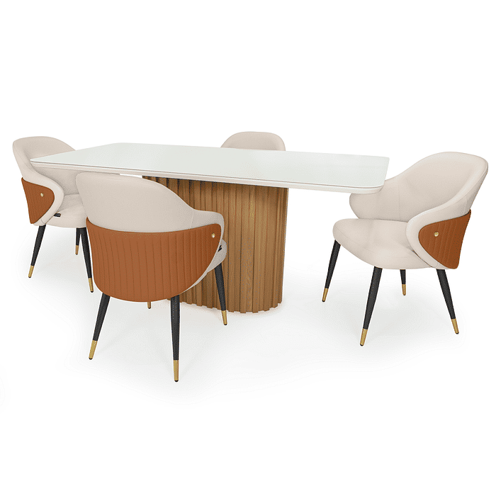 Conjunto Mesa de Jantar Retangular Harmonia 180x90cm Nature/Off White com Vidro com 4 Cadeiras Estofadas Milano