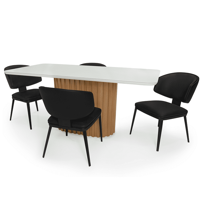 Conjunto Mesa de Jantar Retangular Harmonia 180x90cm Nature/Off White com Vidro com 4 Cadeiras Estofadas Siena