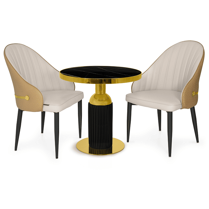 Conjunto Mesa de Jantar Redonda Imperial 70cm Preta com 2 Cadeiras Estofadas La Martina - Bege Frontal