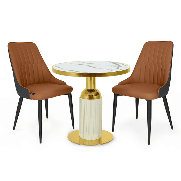 Conjunto Mesa de Jantar Redonda Imperial 70cm Branca com 2 Cadeiras Estofadas Torino - Caramelo/Cinza Escuro Frontal