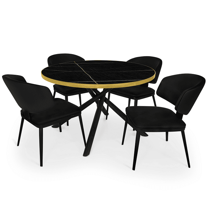 Conjunto Mesa de Jantar Redonda Solaris 120cm Preta com 4 Cadeiras Estofadas Siena