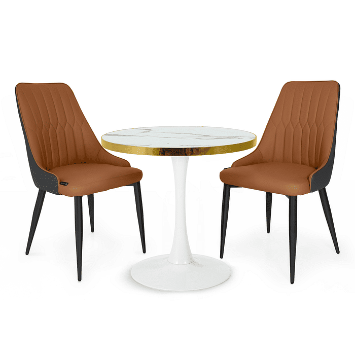 Conjunto Mesa de Jantar Redonda Majestic 70cm Branca com 2 Cadeiras Estofadas Torino - Caramelo/Cinza Escuro Frontal