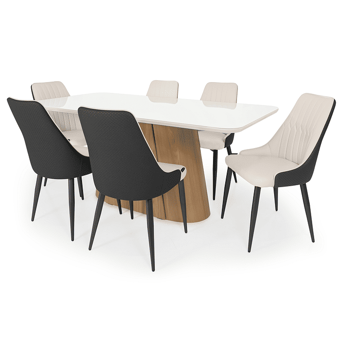 Conjunto Mesa de Jantar Retangular Essenza 180x90cm Nature/Off White com Vidro com 6 Cadeiras Estofadas Torino