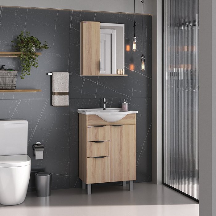 Kit Conjunto de Balcão Para Banheiro Crystal 60cm Carvalho Fabribam