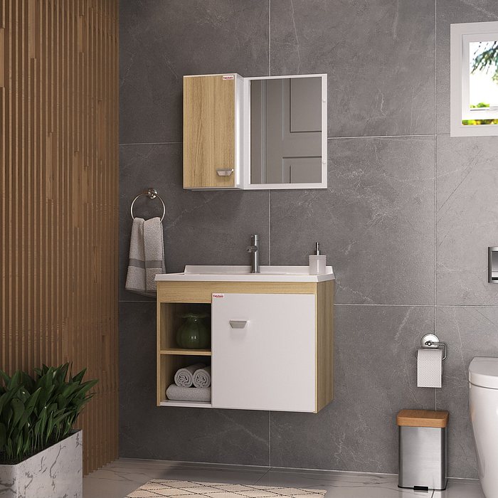 Kit Conjunto de Balcão Para Banheiro Sophia 60cm Branco/Carvalho Fabribam
