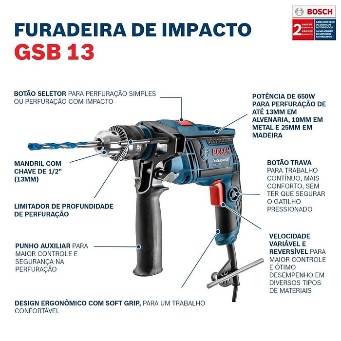 Furadeira Impacto Bosch GSB13 RE 650W 220V Com 05 Brocas