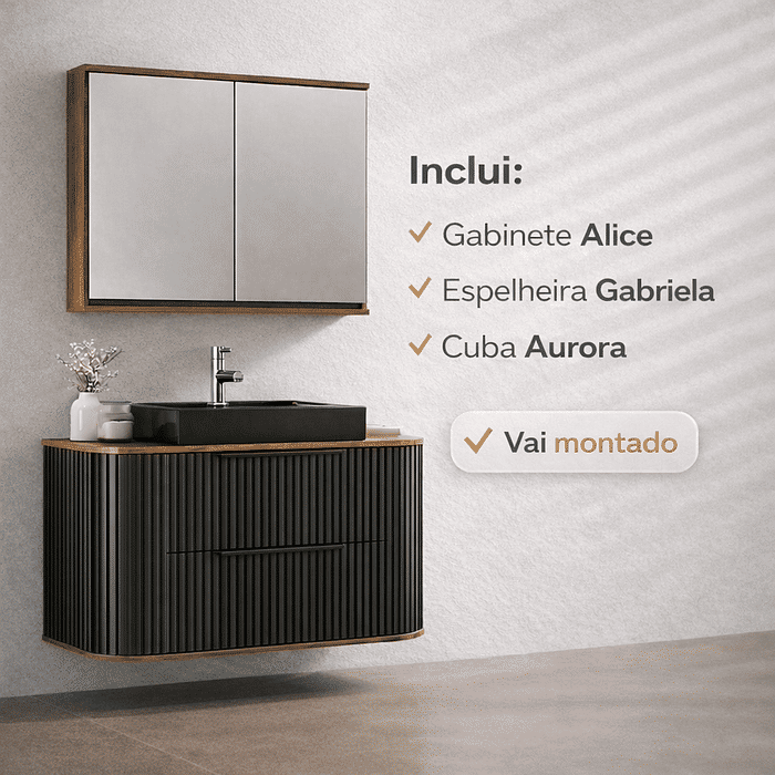 Kit Conjunto de Balcão Para Banheiro Alice 100cm Suspenso Preto Fabribam