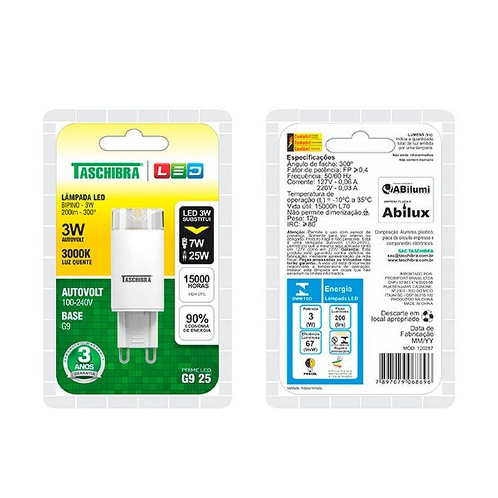 Lâmpada Led Para Lustre G9 3W 3000K