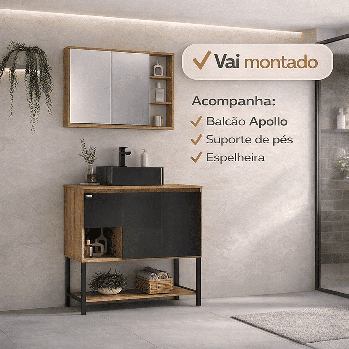 Kit Conjunto Balcão De Banheiro Apollo 90cm Antiqua/Preto Fabribam