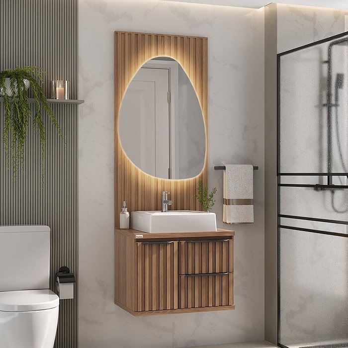 Kit Conjunto Balcão De Banheiro Cecilia Chumbo 78cm Com Painel e Led Fabribam