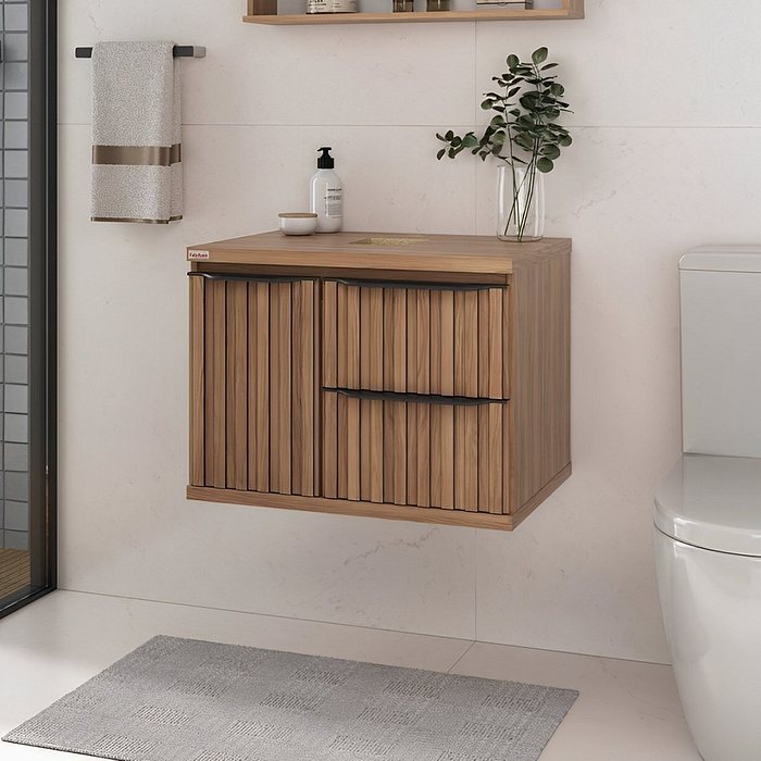 Kit Conjunto de Balcão Para Banheiro Cecília 78cm Nogal/Preto Suspenso Fabribam