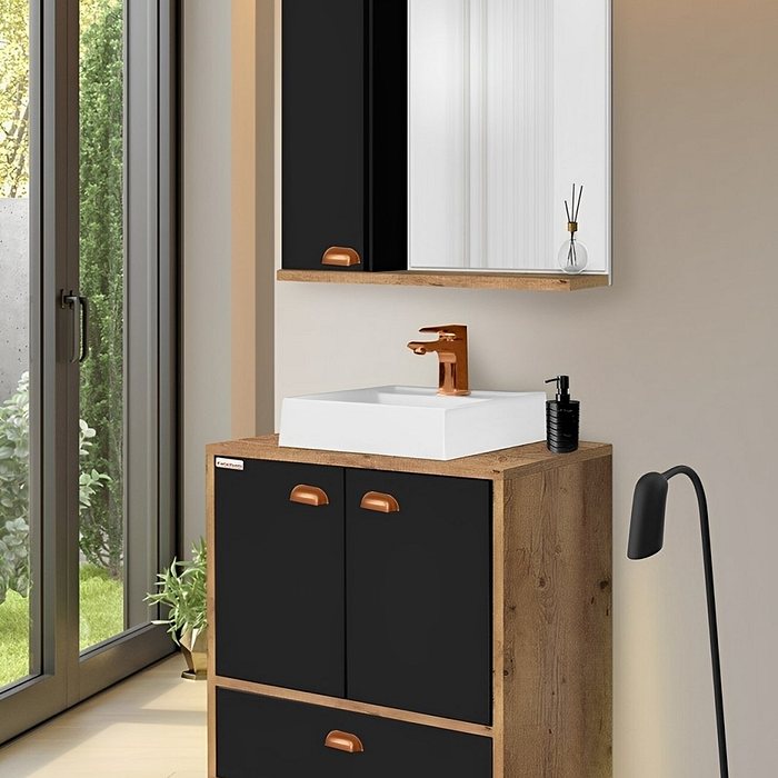 Kit Conjunto de Balcão Para Banheiro Santorini 70cm Antiqua/Preto Suspenso Fabribam