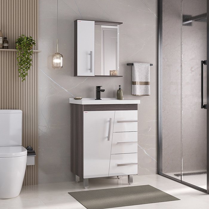 Kit Conjunto de Balcão Para Banheiro Syrius 60cm Branco/Amêndoa Fabribam