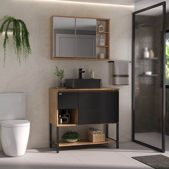 Kit Conjunto Balcão De Banheiro Apollo 90cm Antiqua/Preto Fabribam