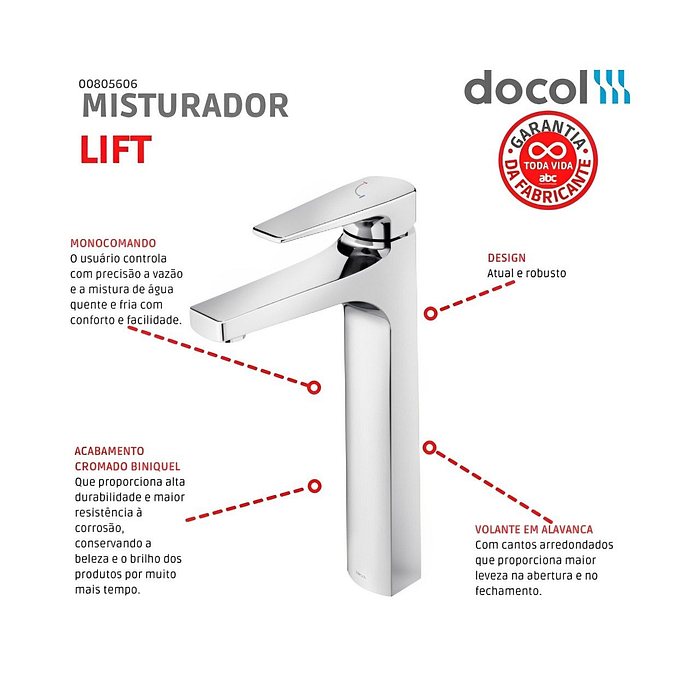 Torneira Misturador Monocomando Bica Alta Lift 00796106