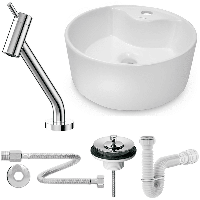 Cuba de Apoio Redonda 36x14cm Com Torneira Lóggica e Kit Instalação