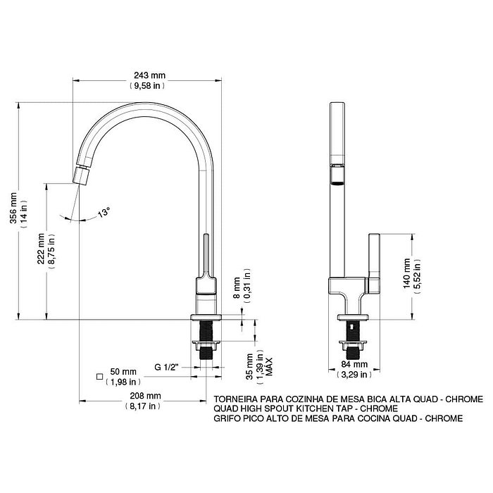 Torneira De Mesa Para Cozinha Bica Alta Quad Cromada Docol 90007118006