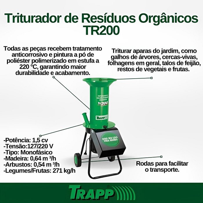 Triturador de Resíduos Orgânicos TR-200 Com Motor 1.5 HP Monofásico Bivolt 127V/220V
