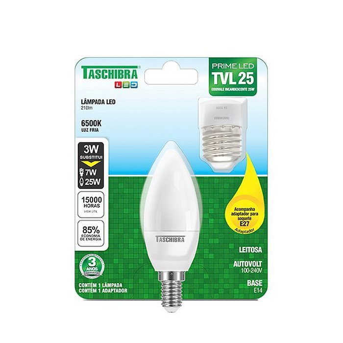 Lâmpada Led Vela Leitosa 3W 6500K E-14/E-27 Taschibra