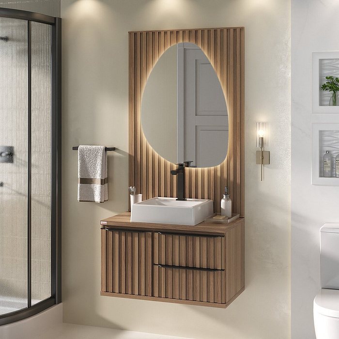 Kit Conjunto Balcão De Banheiro Cecilia Chumbo 78cm Com Painel e Led Fabribam